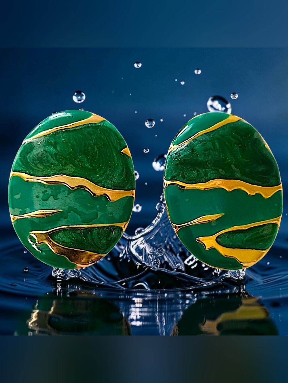 Vtg 80s Enameled Earrings‎ LARGE Maximalist Abstract Teal Gold Tone Metal Oval